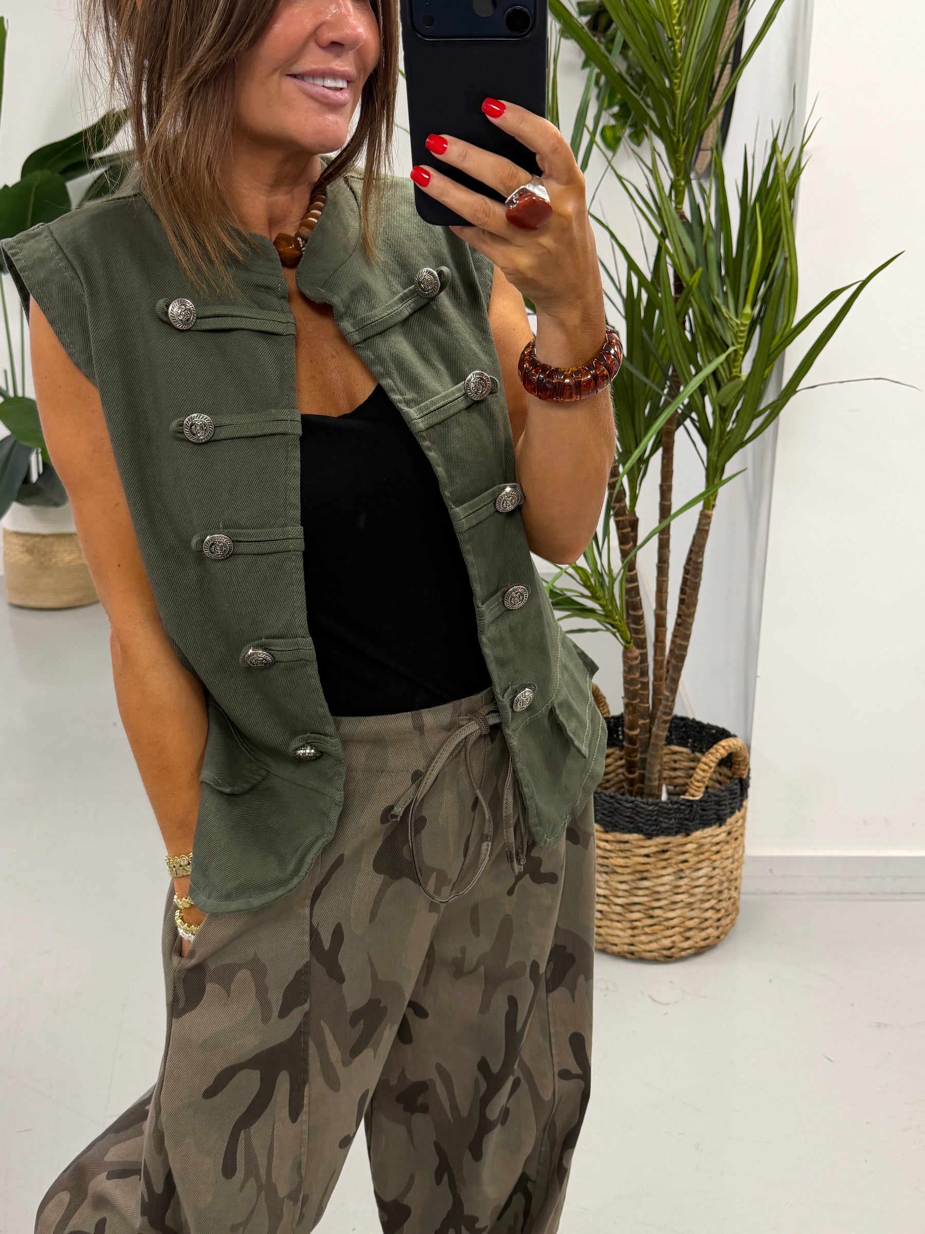 Denim Military Waistcoat - Khaki