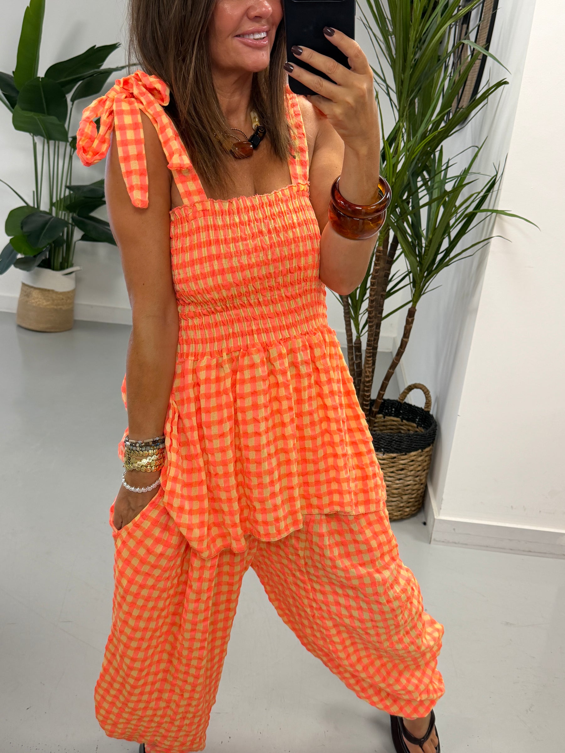 The Deluxe Gingham Peplum Top - Coral