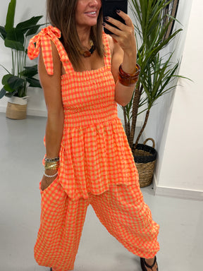 The Deluxe Gingham Peplum Top - Coral