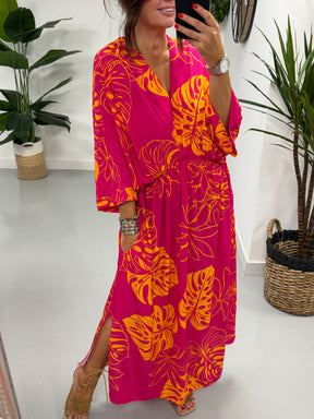 Leaf Cross Over Dress - Pink/Orange