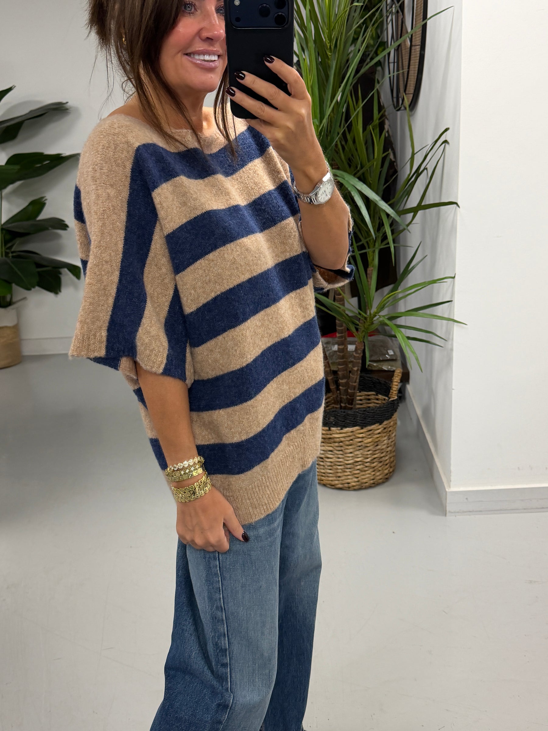 The Boat Neck Stripy Knit - Oatmeal/Blue