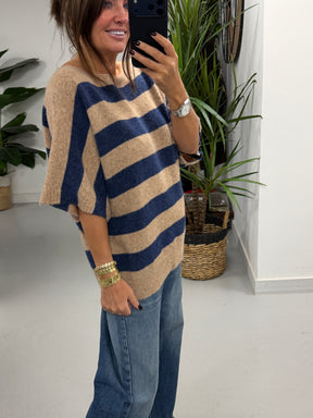 The Boat Neck Stripy Knit - Oatmeal/Blue