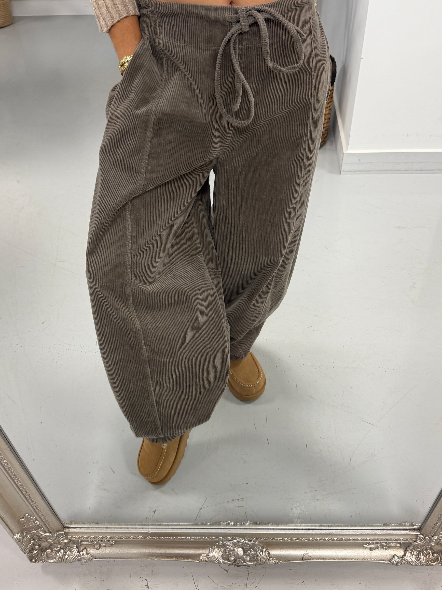 Cord Drawstring Barrel Trousers - Taupe (Size 10-14)