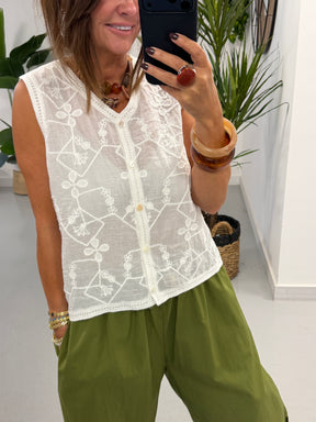 Embroidered Button Up Waistcoat - White