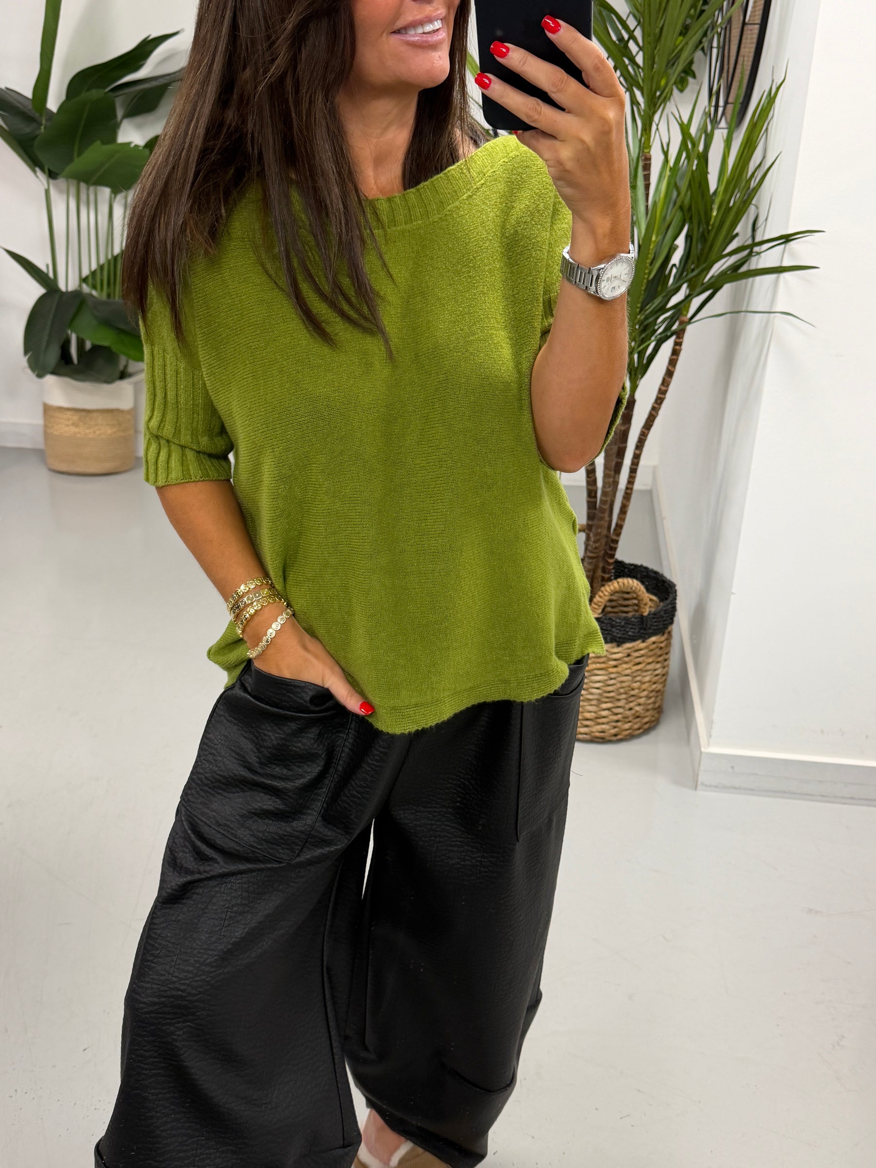 Crop Sleeve Boat Neck Knit - Pistacio