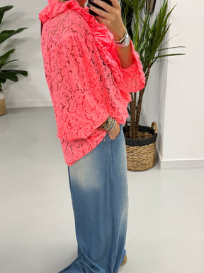 The Lace Ruffle Tie Blouse - Coral