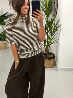 Stripe Crop Sleeve Knit  - Cream/Chocolate (Size 8-14)