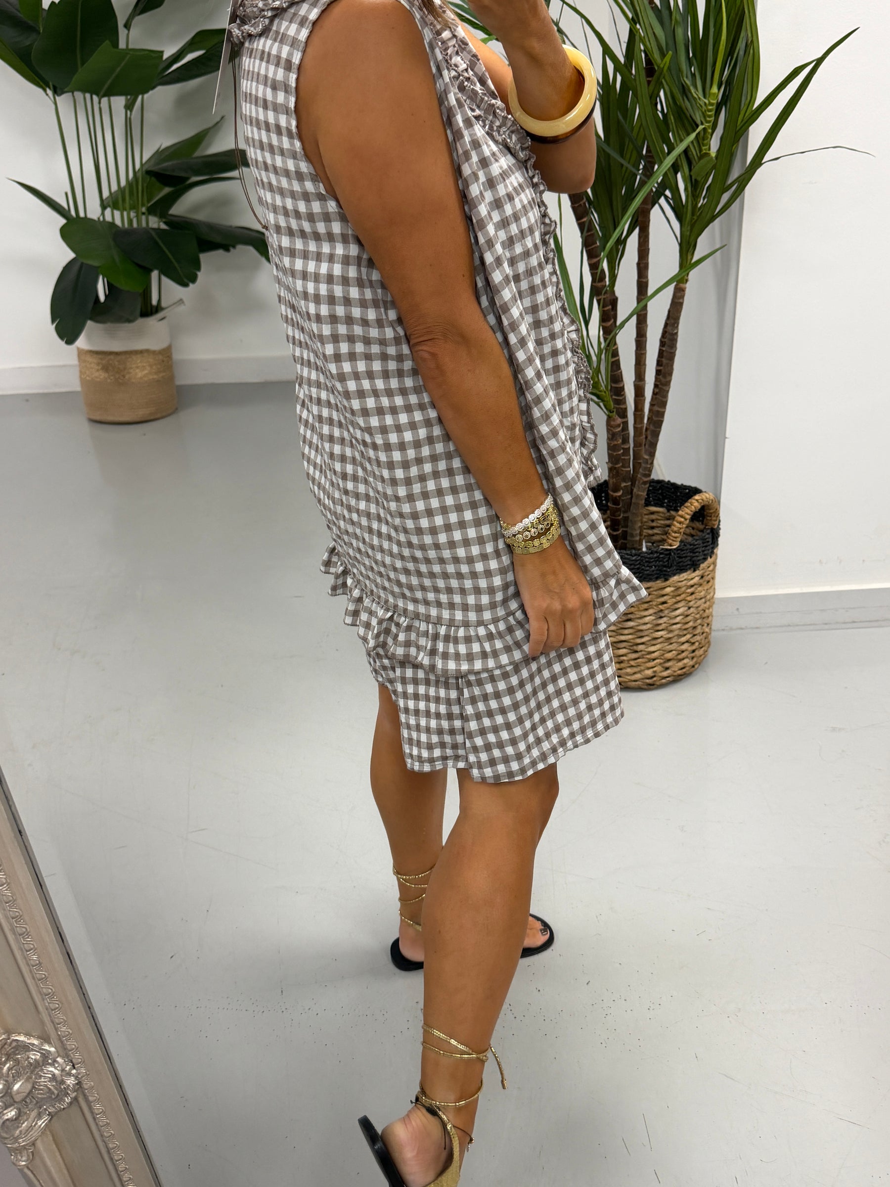 The Gingham Frill Tunic- Light Mocha