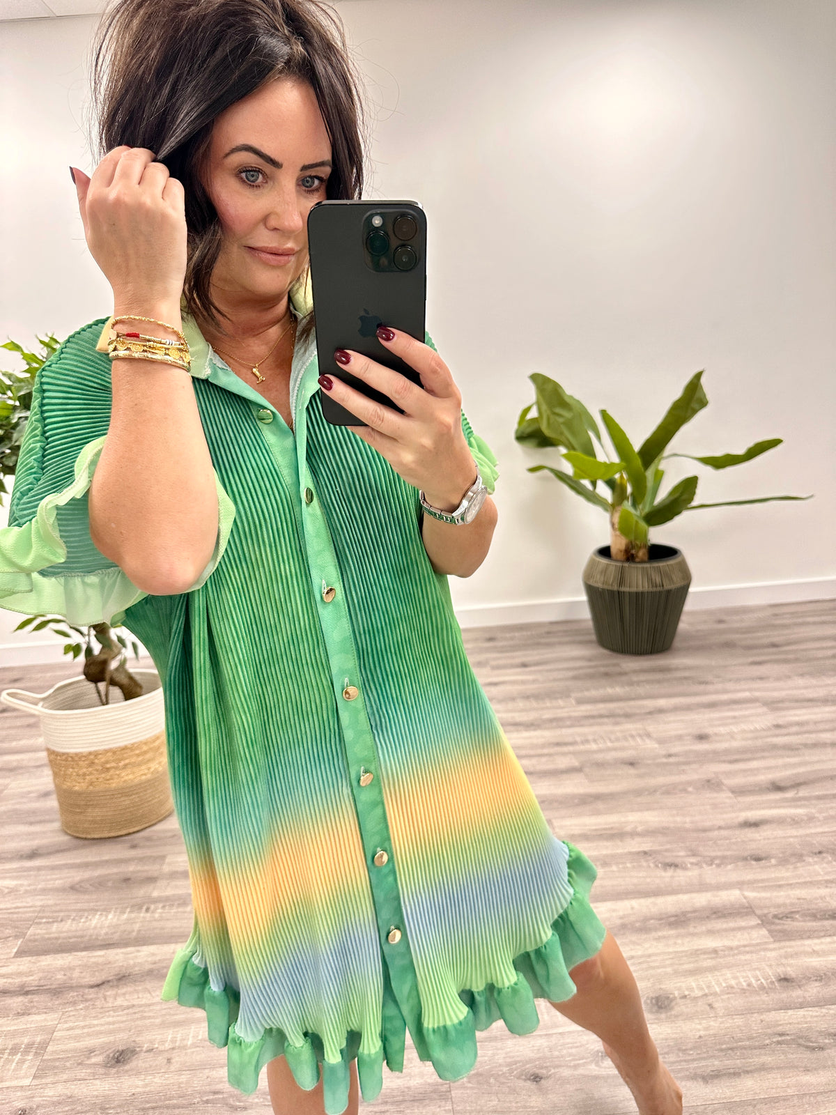 The Candy Ombré Pleated Shirt Dress - Emerald