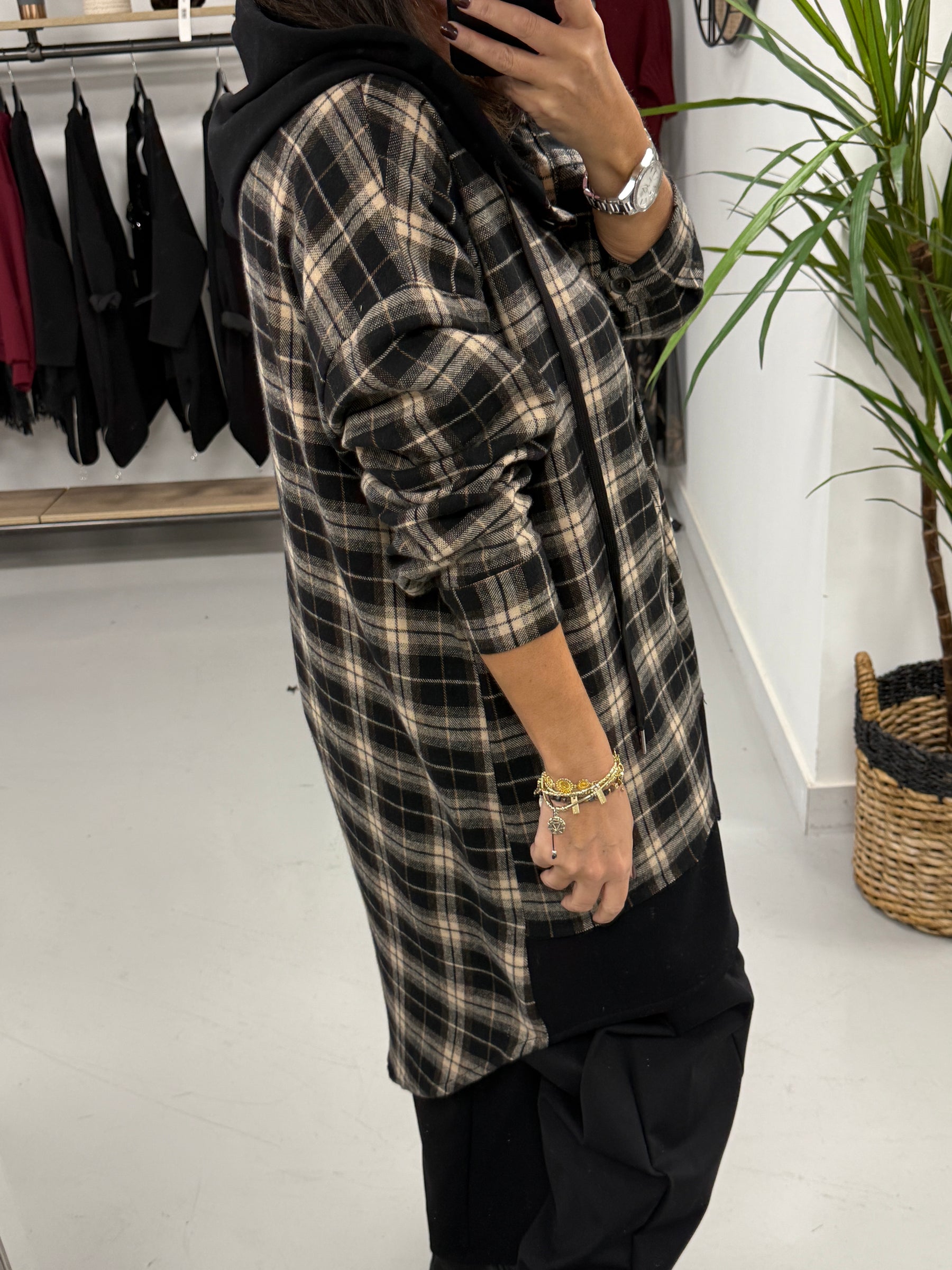 Hooded Check Shacket - Black