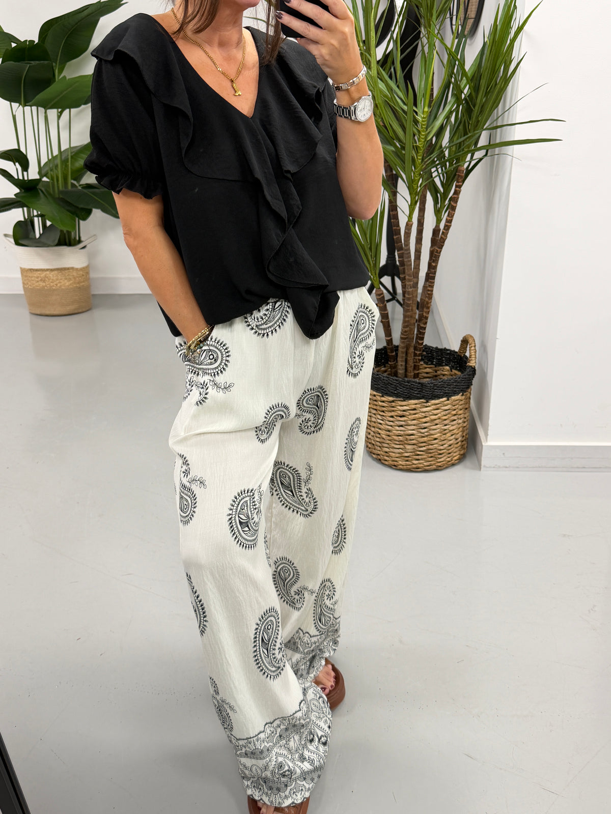 The Paisley Wide Leg Trouser - White/Black