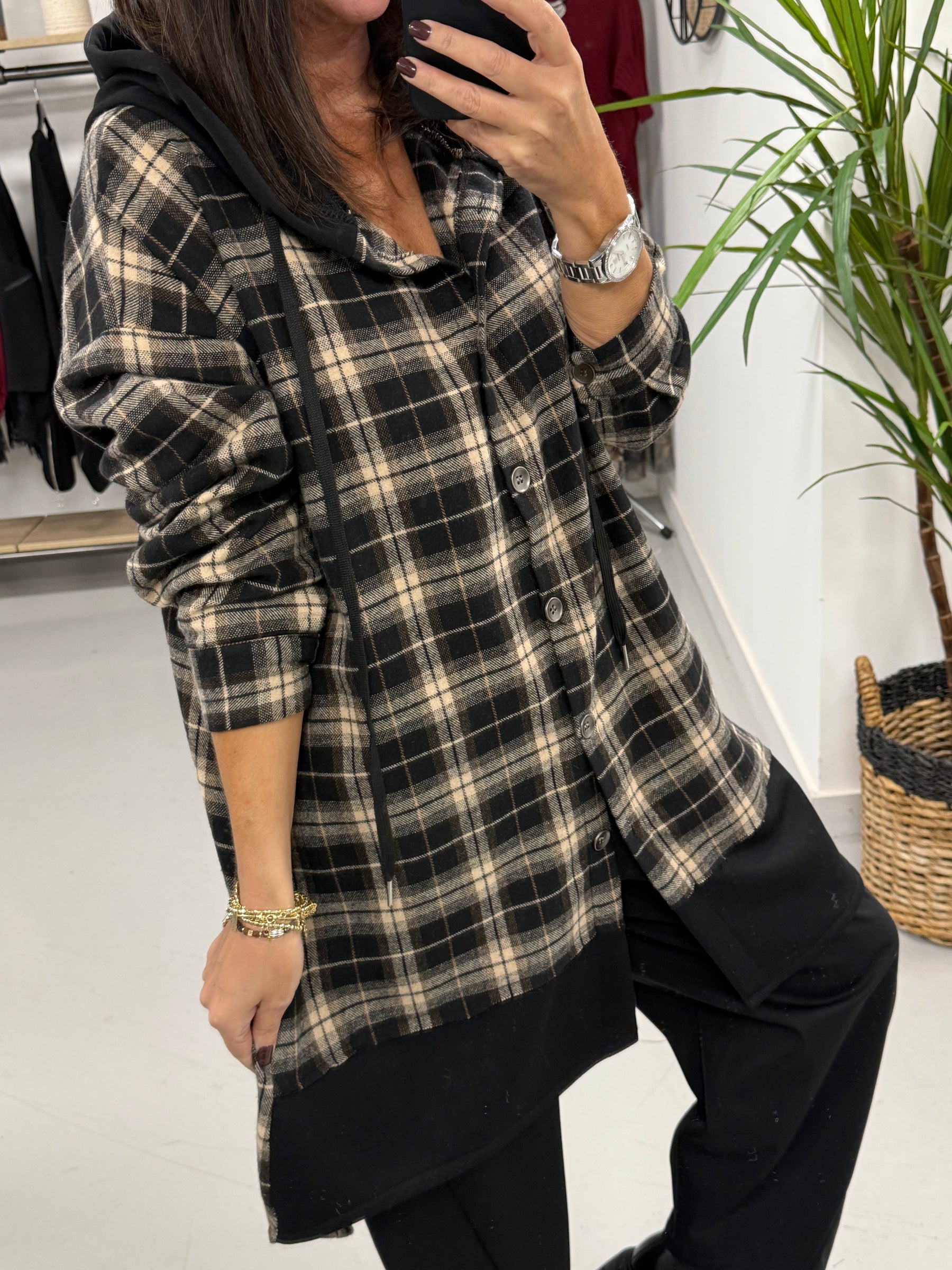 Hooded Check Shacket - Black