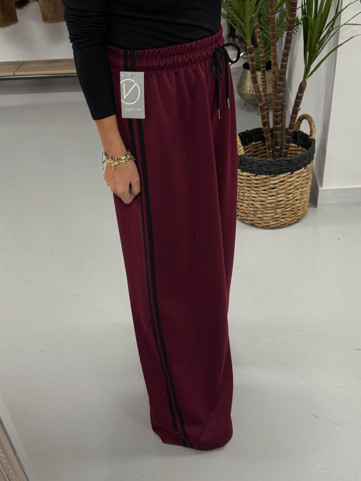 Wide Leg Stripe Jogger - Cherry