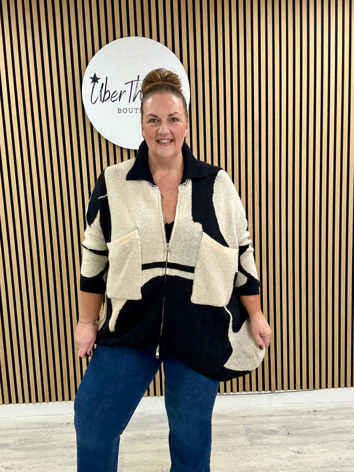 The Camello Zip Cardigan - Black/Cream