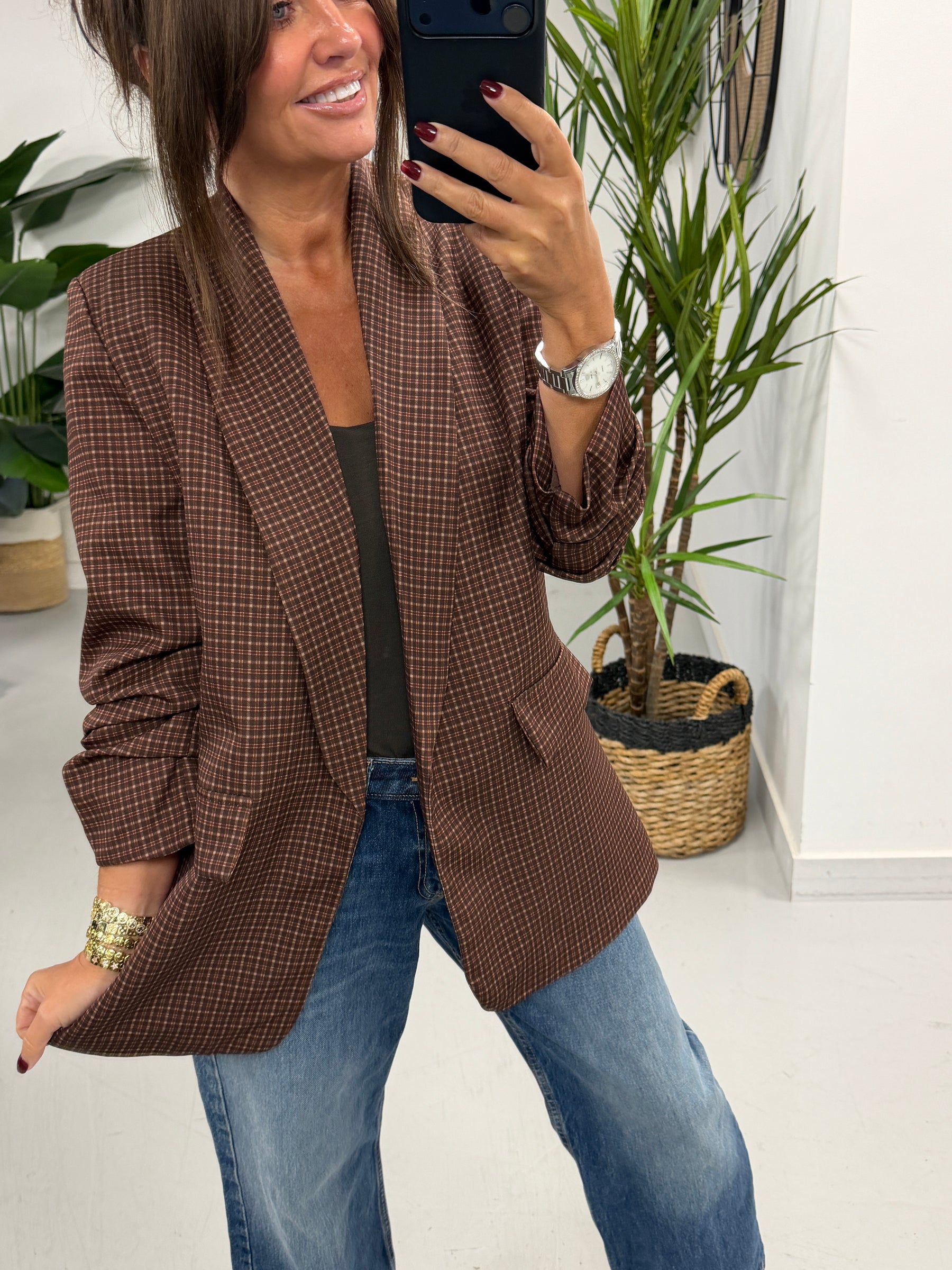 Ruched Sleeve Plaid Blazer - Chocolate (Std sizes)