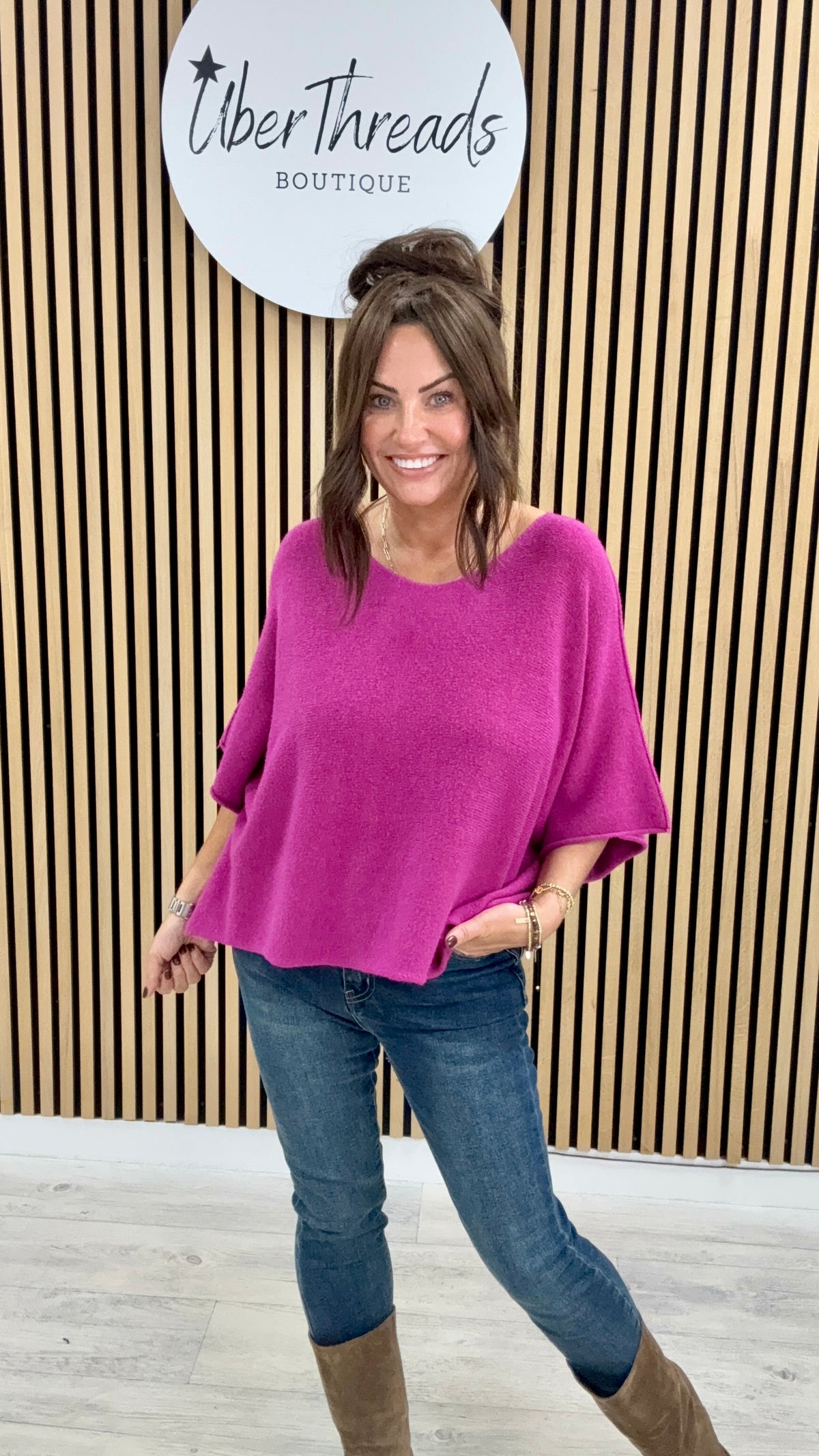 Gracie Crop Sleeve Knit - Magenta