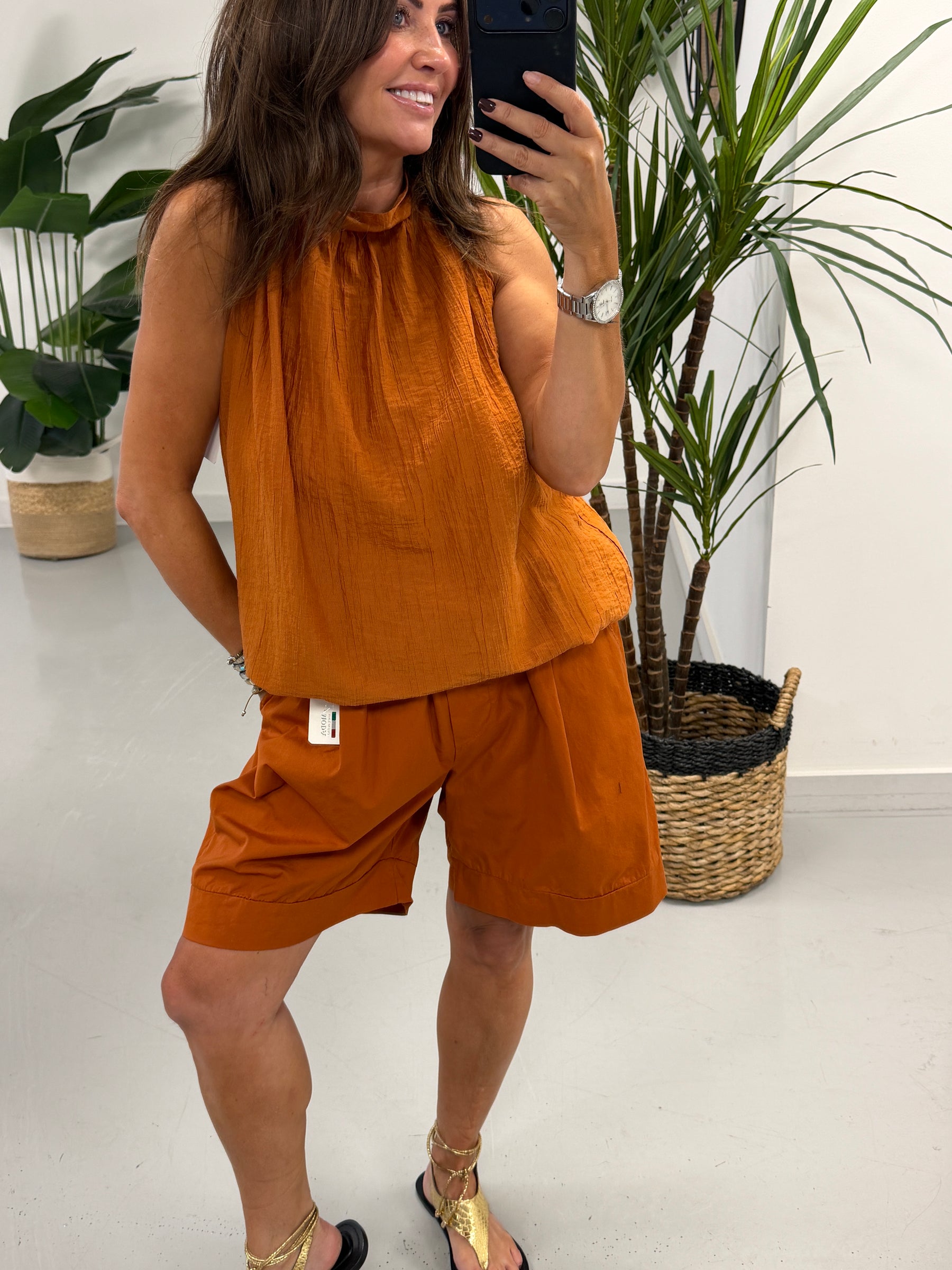 The Crinkle Halterneck Short Set - Rust