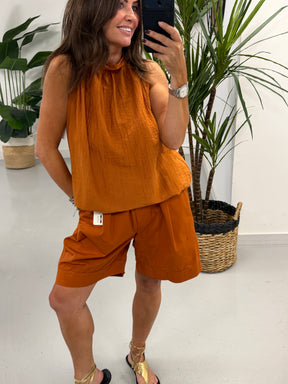The Crinkle Halterneck Short Set - Rust