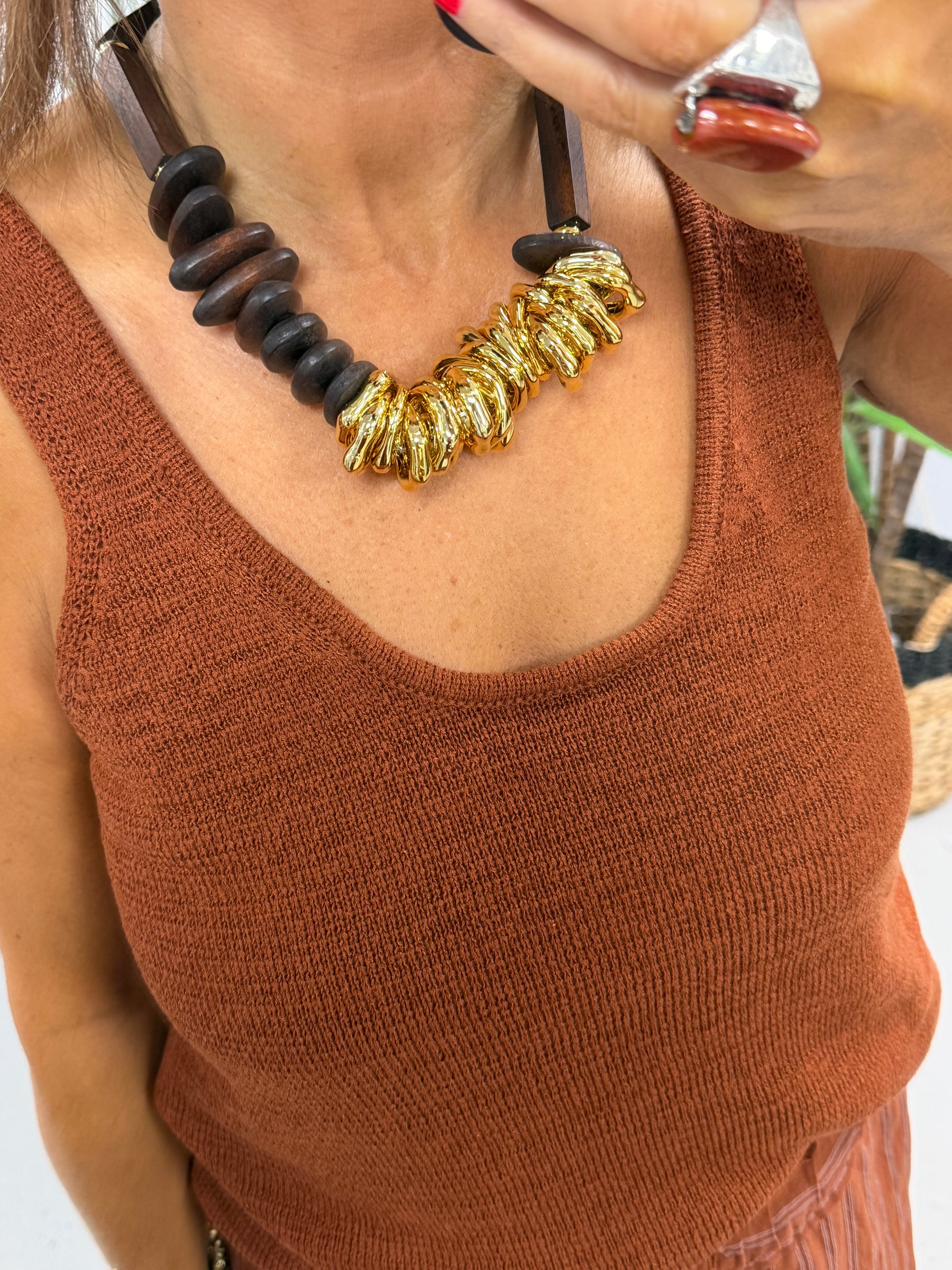 Adjustable Wooden/Gold Statement Necklace