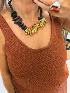 Adjustable Wooden/Gold Statement Necklace