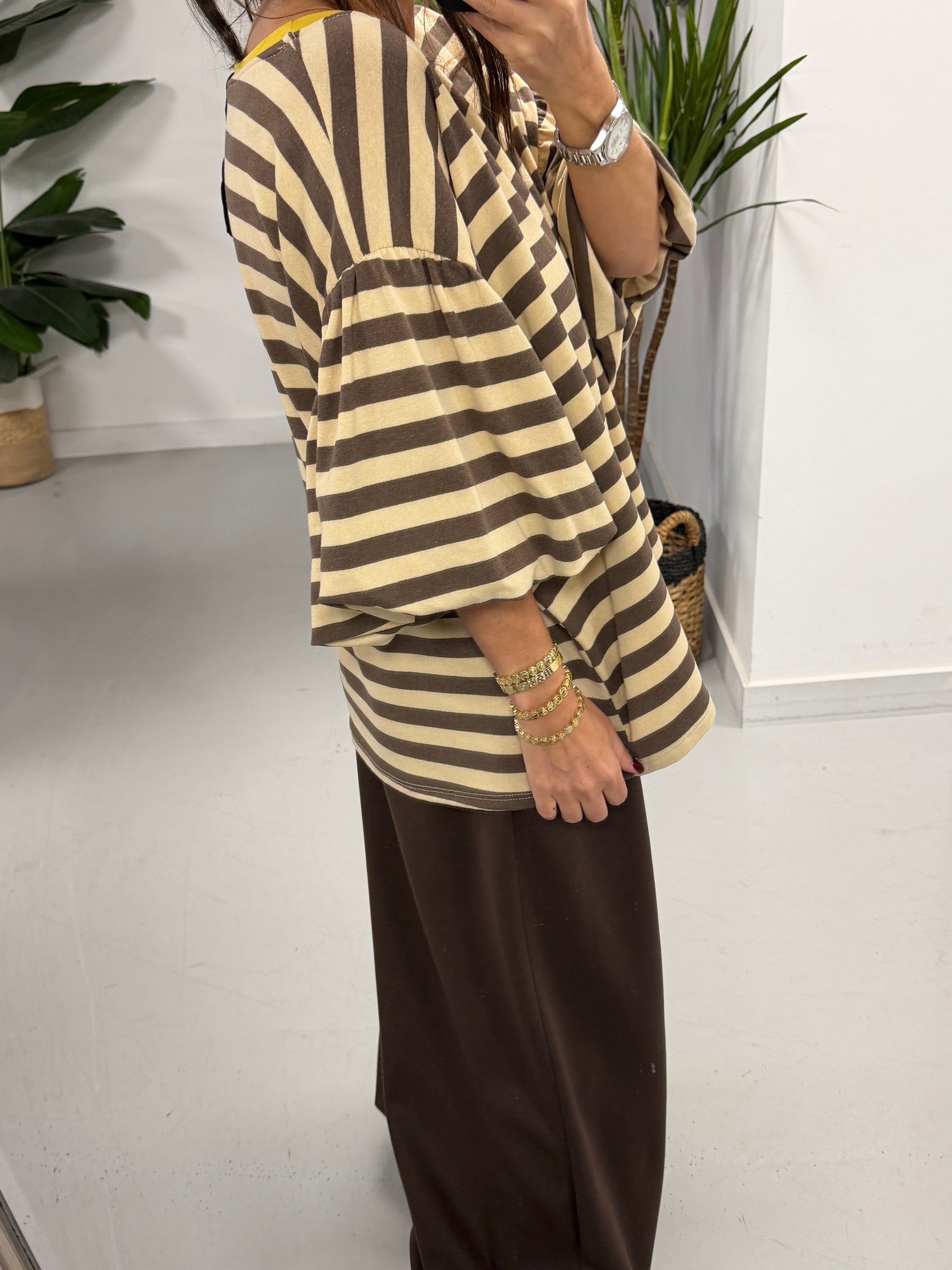 Sunset Stripe Puff Sleeve - Mocha  (Size 12-18)