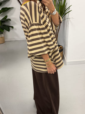 Sunset Stripe Puff Sleeve - Mocha  (Size 12-18)