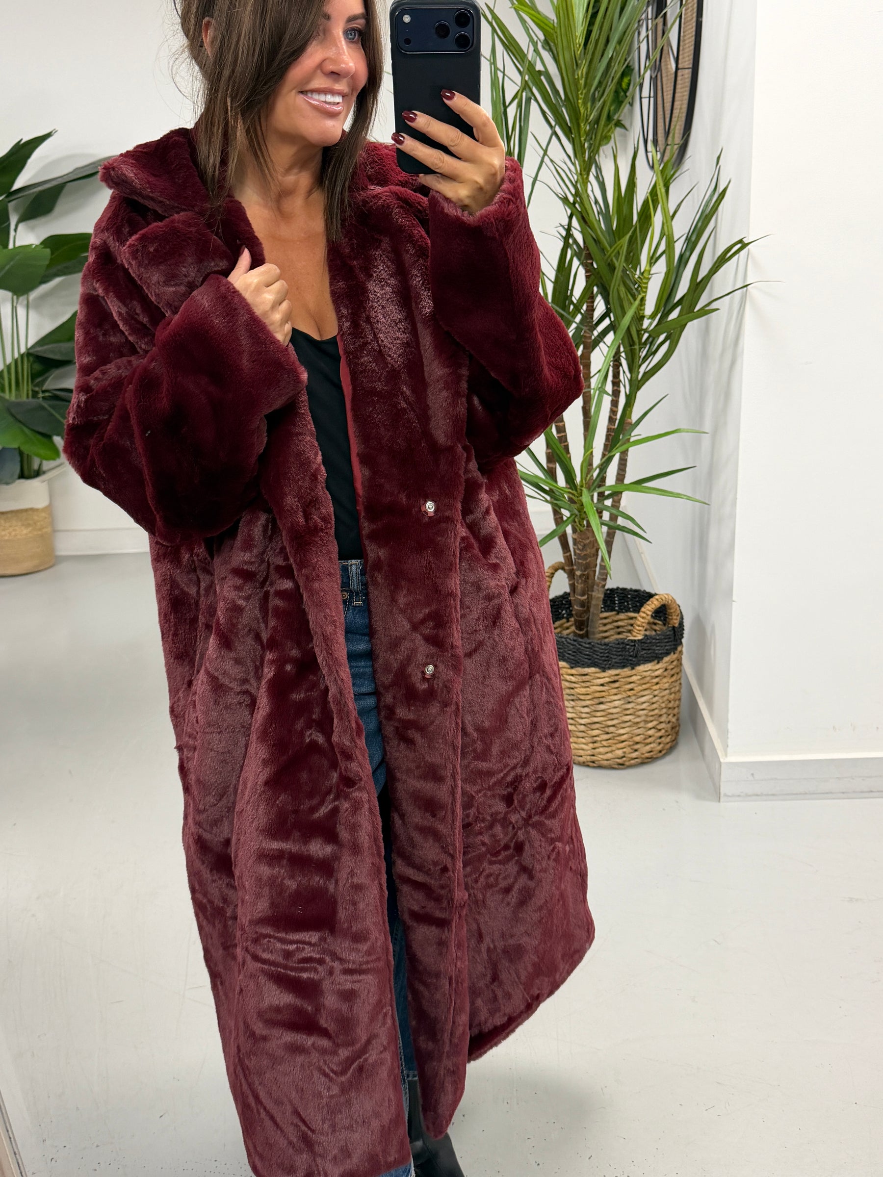 The Safron Longline Faux Fur Coat - Wine (Size 10-14)