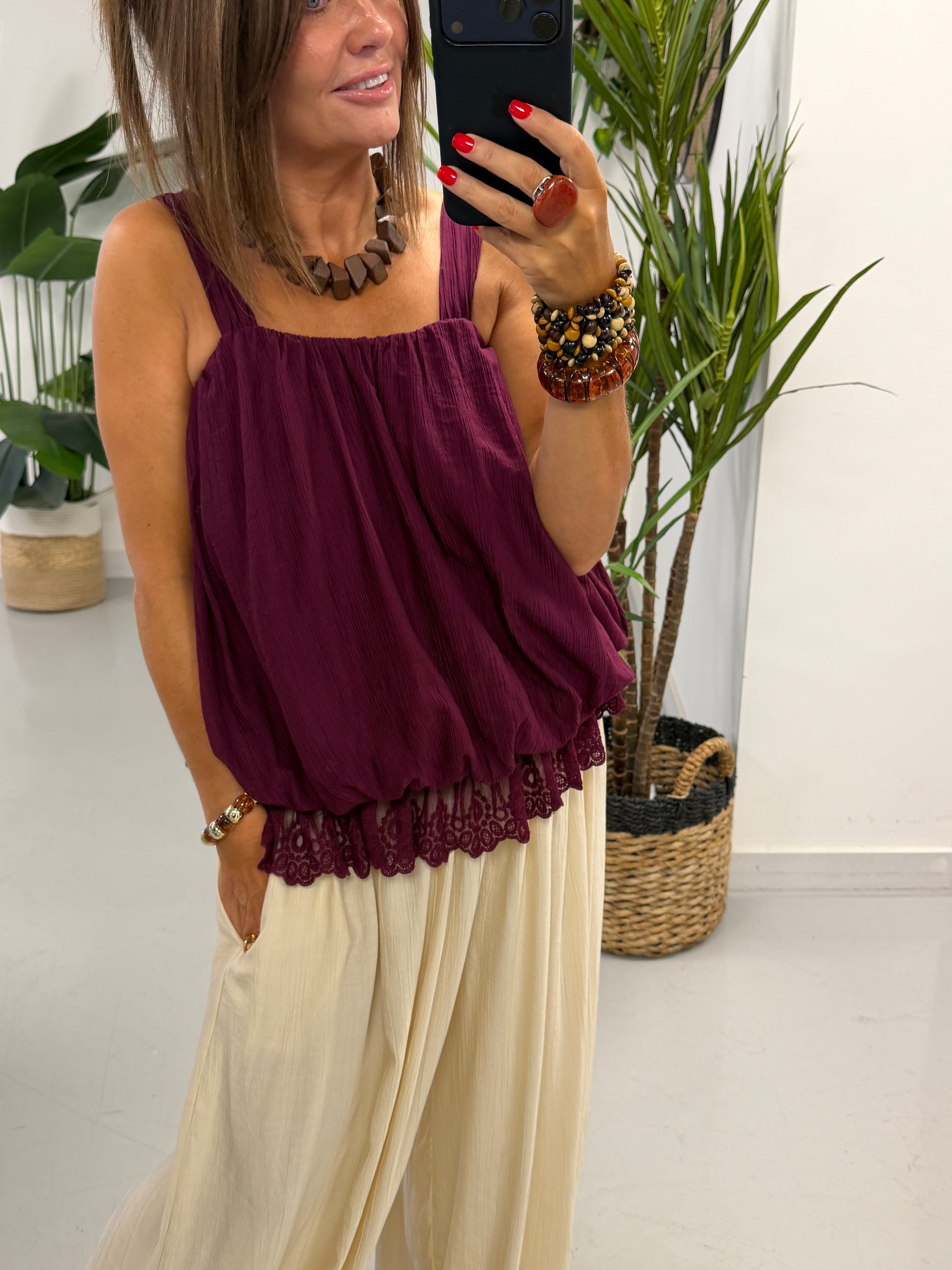 Crinkle Bubble Hem/Lace Cami - Wine