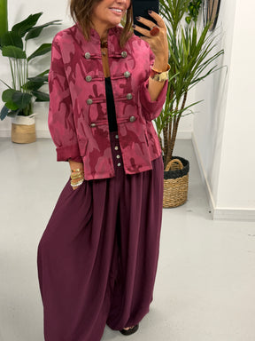 Camo Denim Military Jacket - Wine