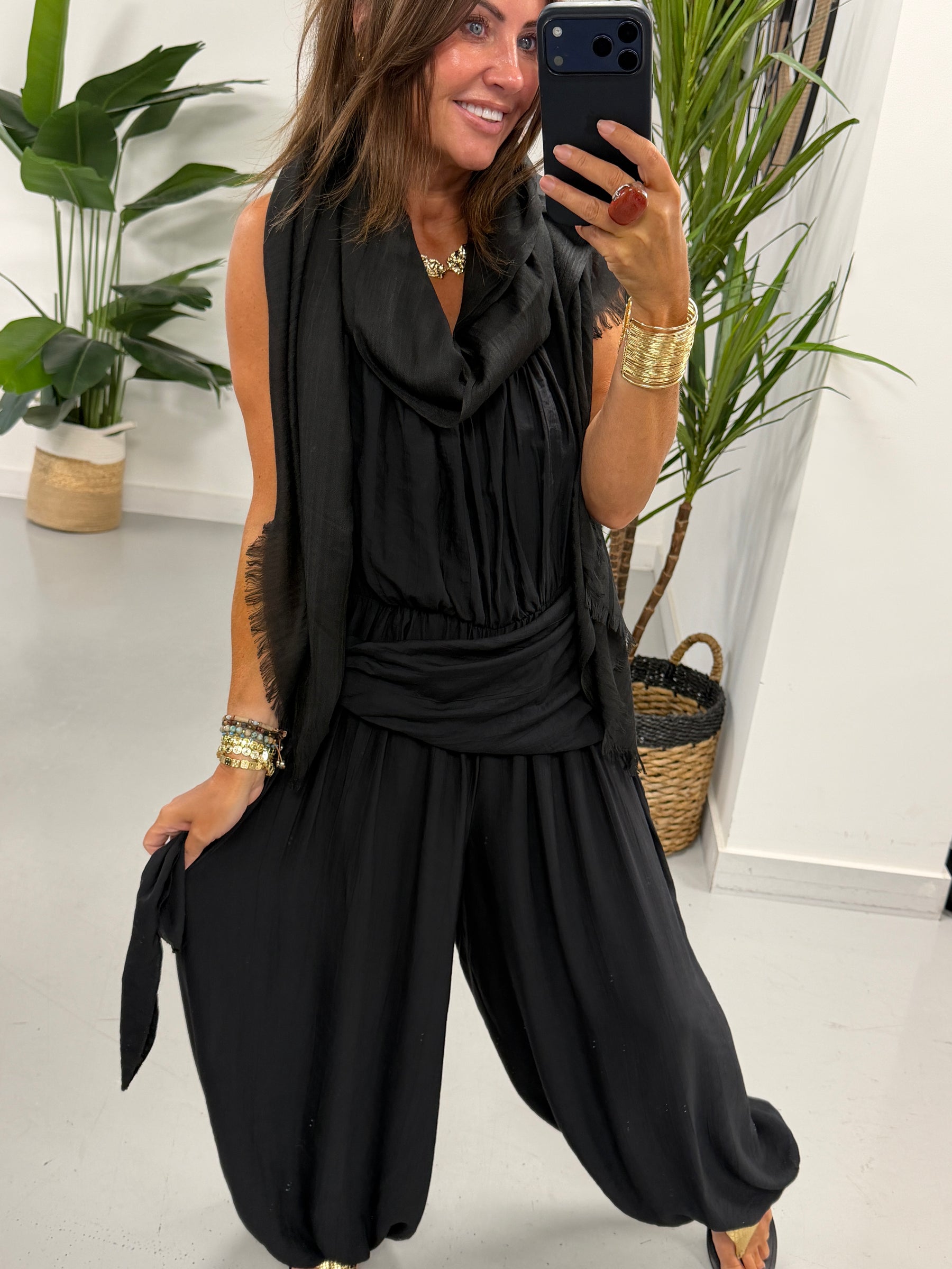 Wrap Crinkle Balloon Jumpsuit - Black