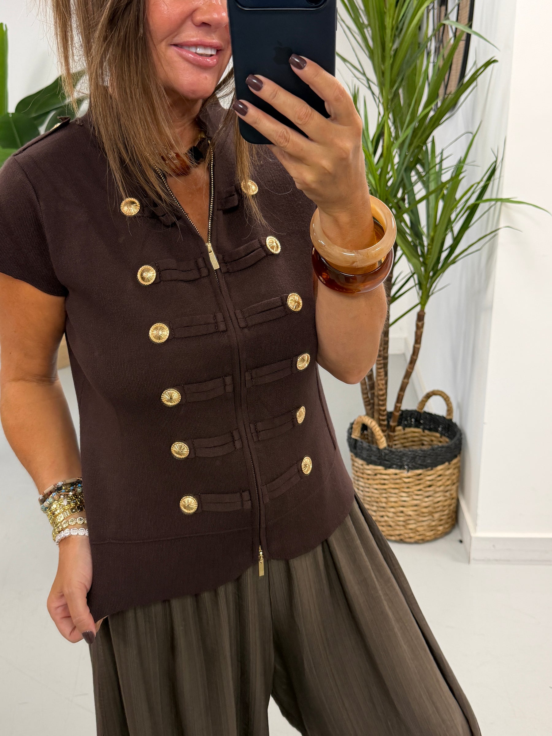 Capped Sleeve Military Waistcoat - Chocolate