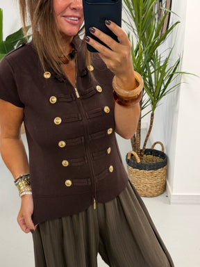 Capped Sleeve Military Waistcoat - Chocolate