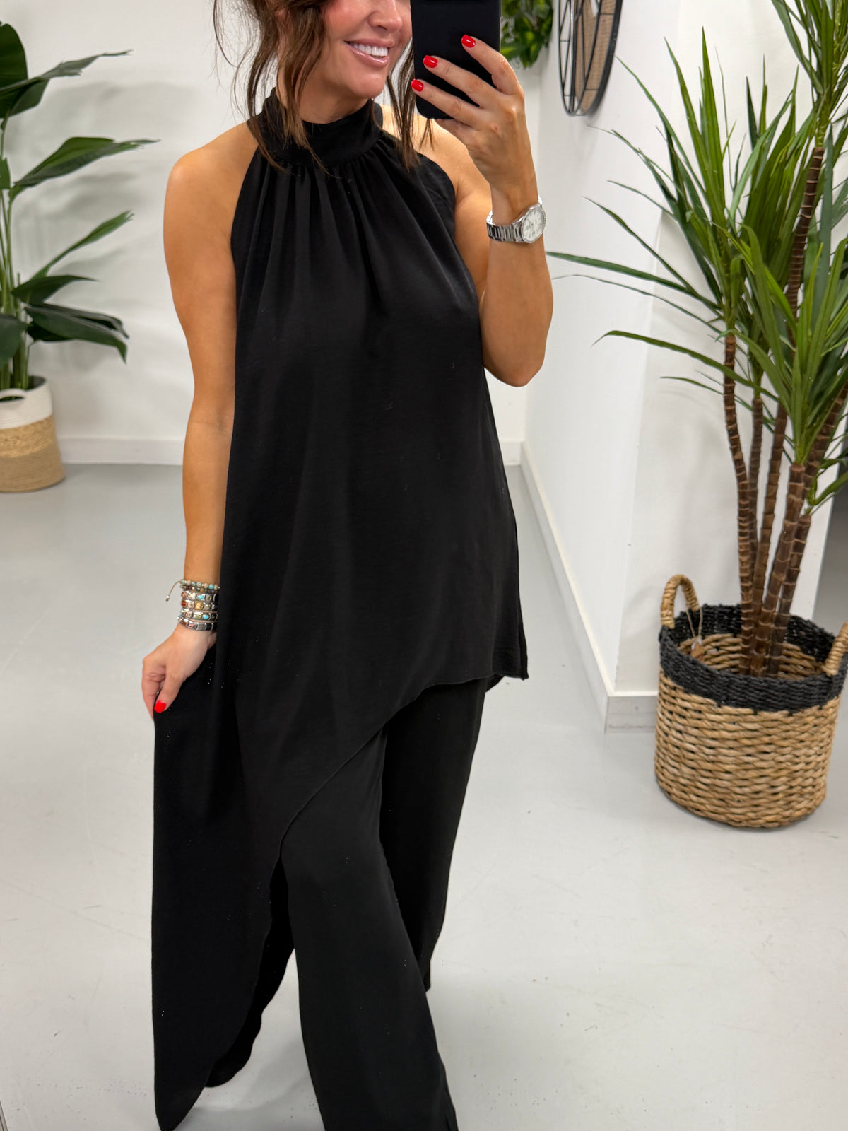 Asymmetric Halter Neck Co ord - Black
