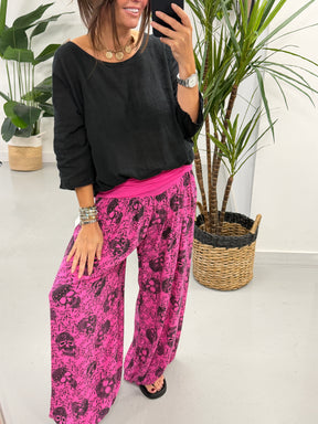 Ali Baba Slouch Pants - Hot Pink Skull