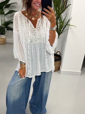 The Relaxed Boho Smock Top - White