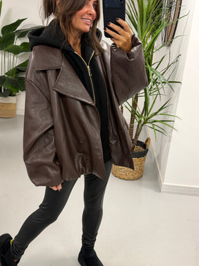 The Blake Hooded PU Jacket - Chocolate (Size 12 - 16)