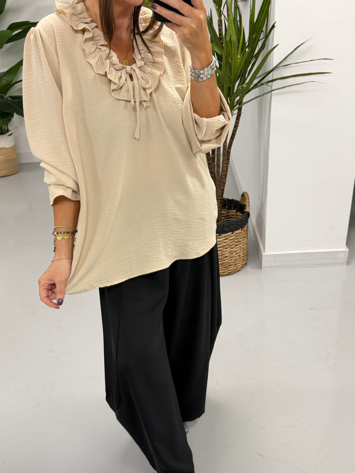 The Crinkle Ruffle Tie Blouse - Stone