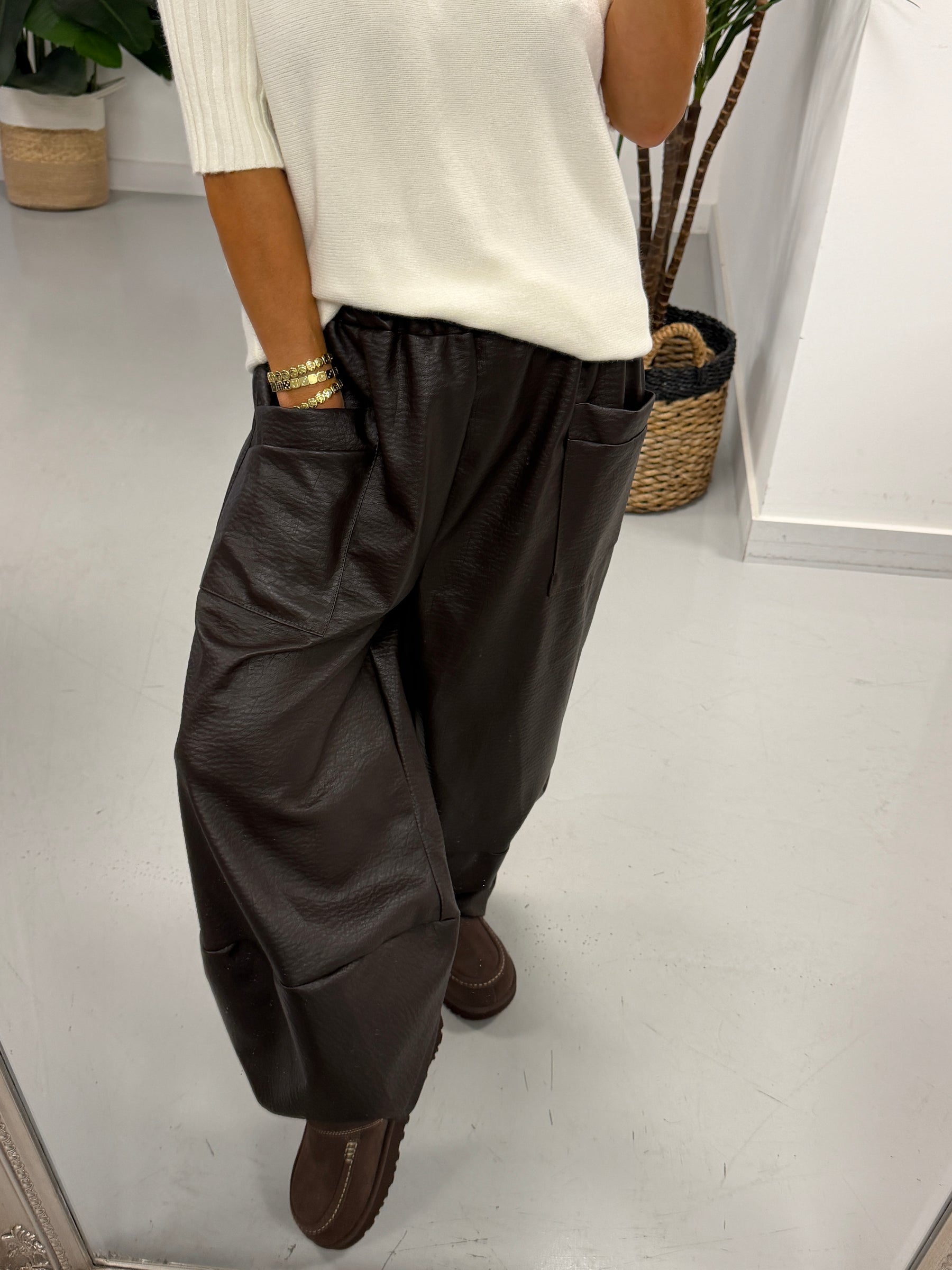 The Grained PU Tulip Trousers - Chocolate