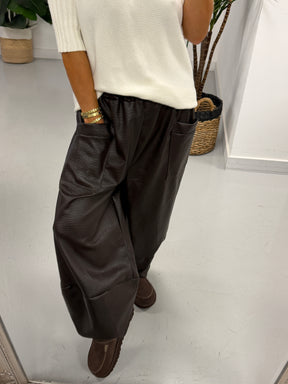 The Grained PU Tulip Trousers - Chocolate