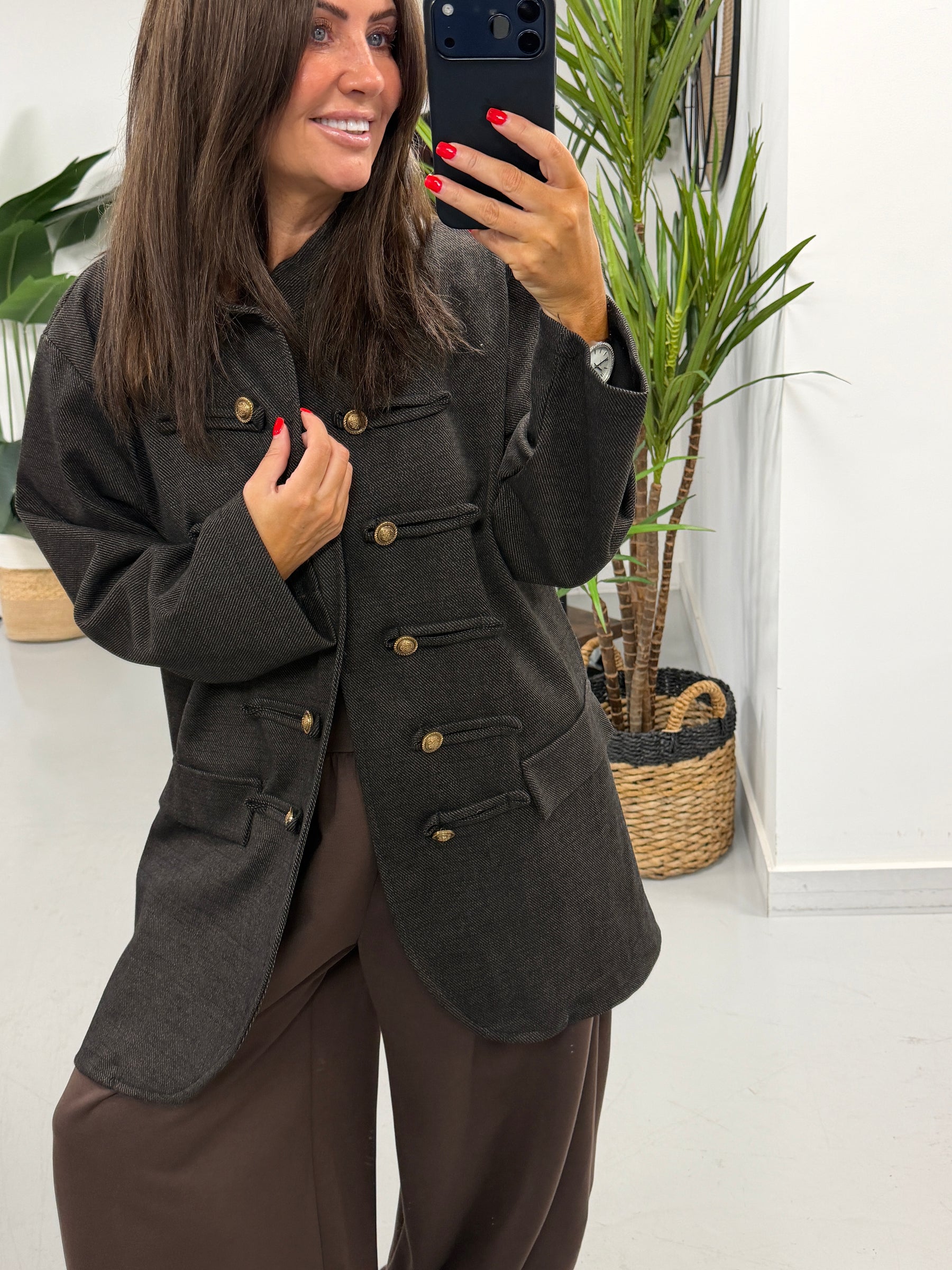 The Long Line Herringbone Style  Military Jacket - Chocolate