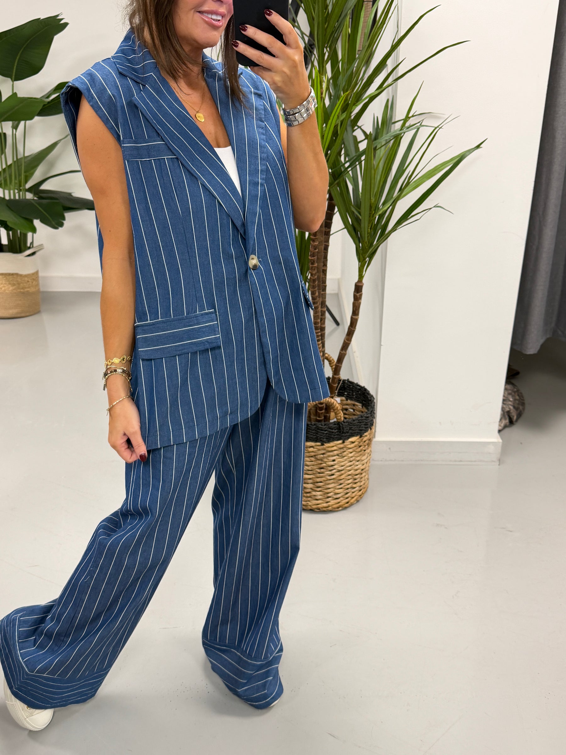 Deniably Denim One Button Stripe Waistcoat - Dark Stripe