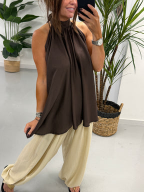Crinkle Floaty Halter-neck Tunic - Chocolate