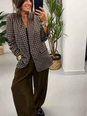 Plaid Ruched Sleeve Blazer - Chocolate Check  (Plus sizes)