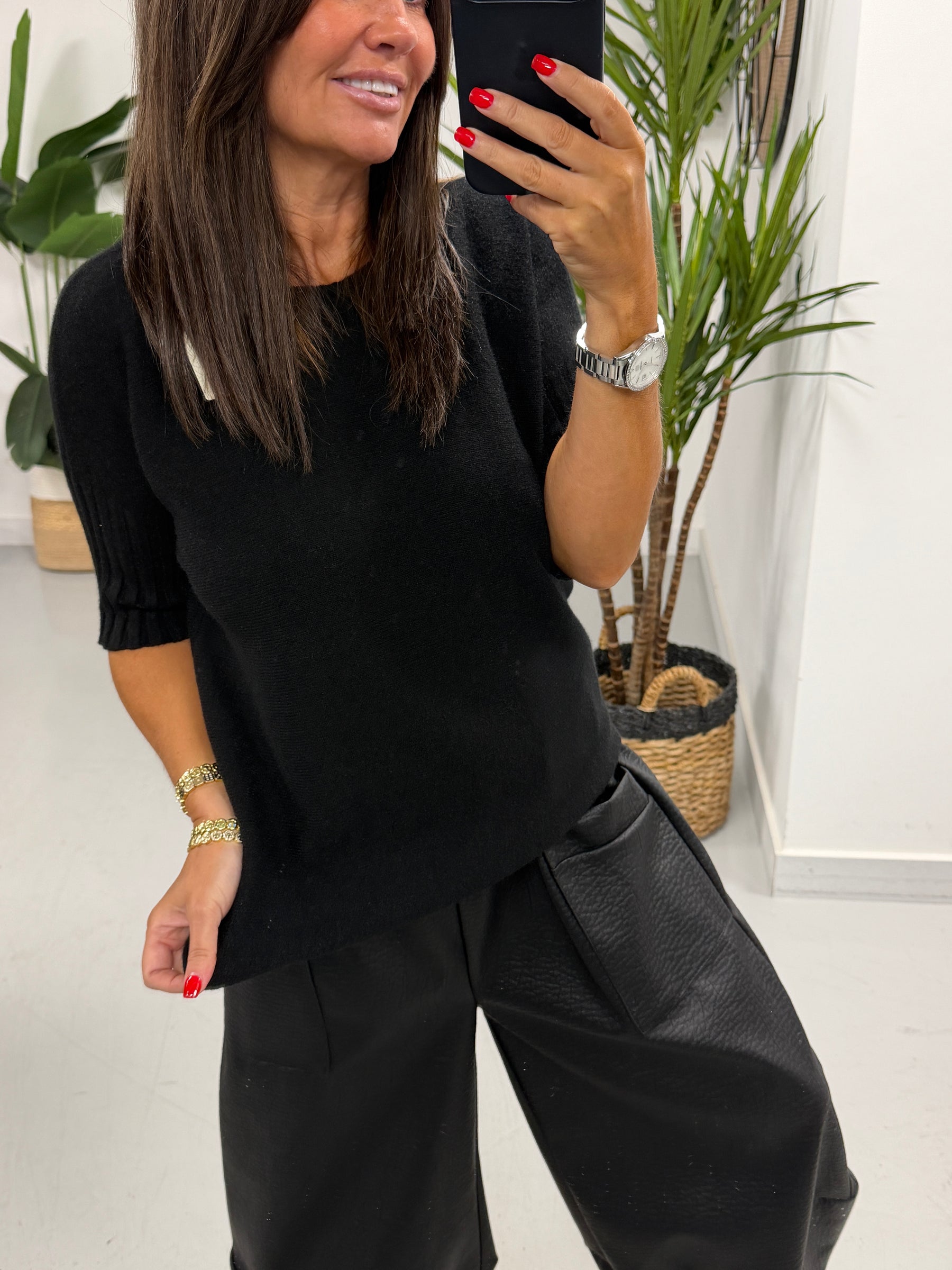 Crop Sleeve Boat Neck Knit - Black