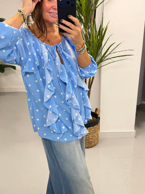 Dotty Waterfall Blouse - Blue