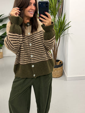 Rustic Stripe Knit Cardigan - Green/Mocha/Chocolate (Size 10-18)