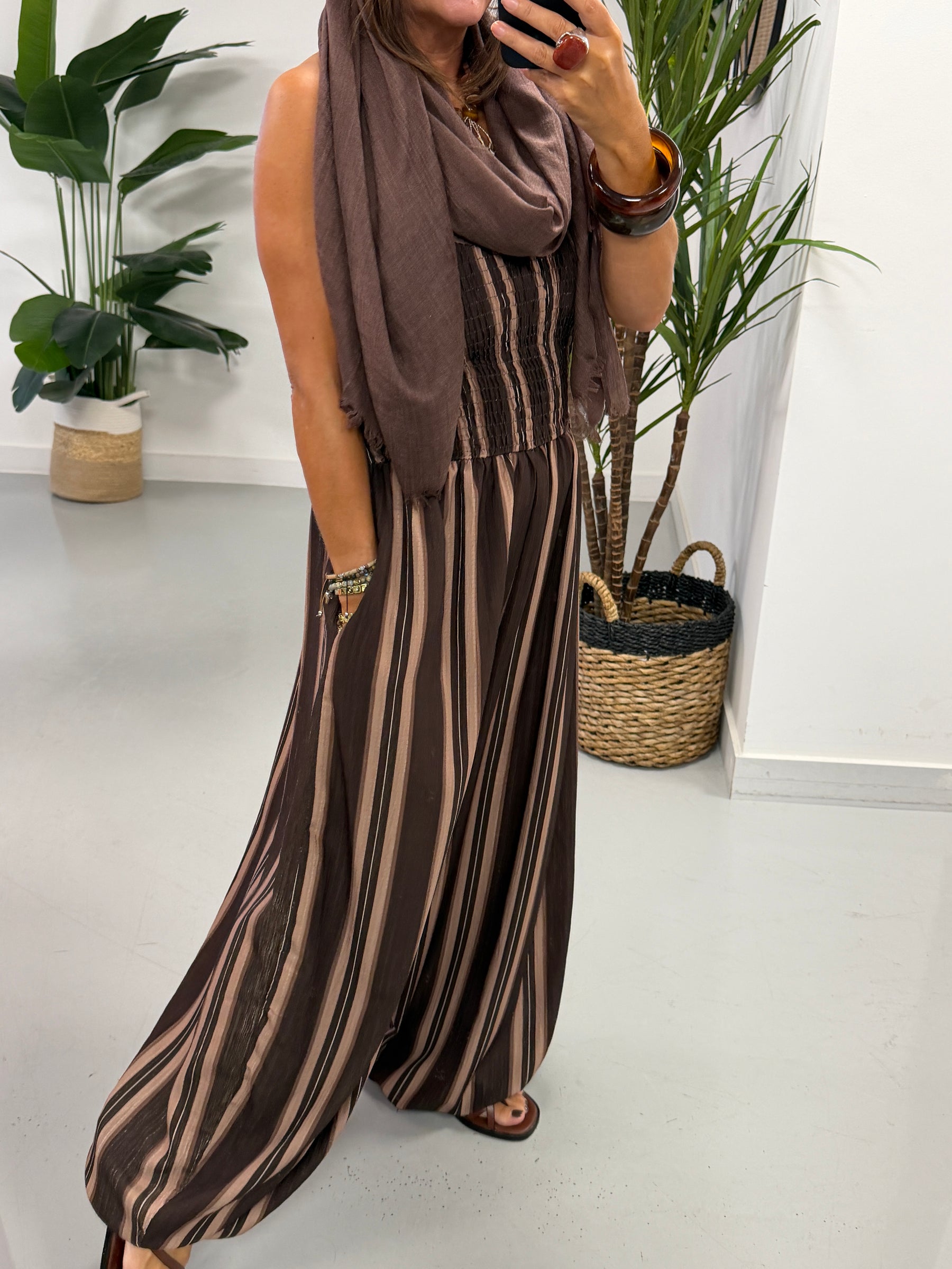 The Sienna Sunset Stripe Jumpsuit - Chocolate