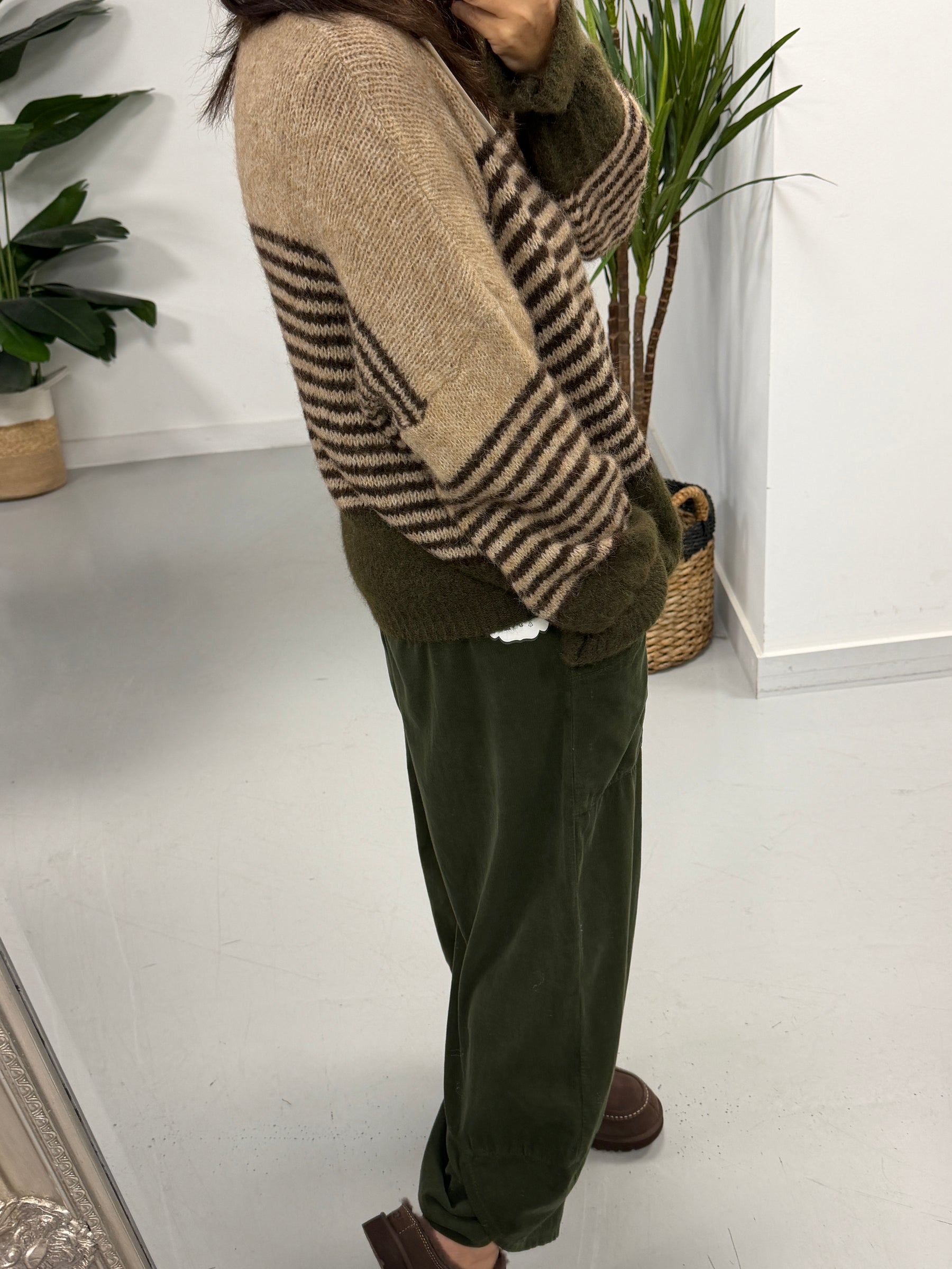 Rustic Stripe Knit Jumper  - Green/Mocha/Chocolate (Size 10-18)