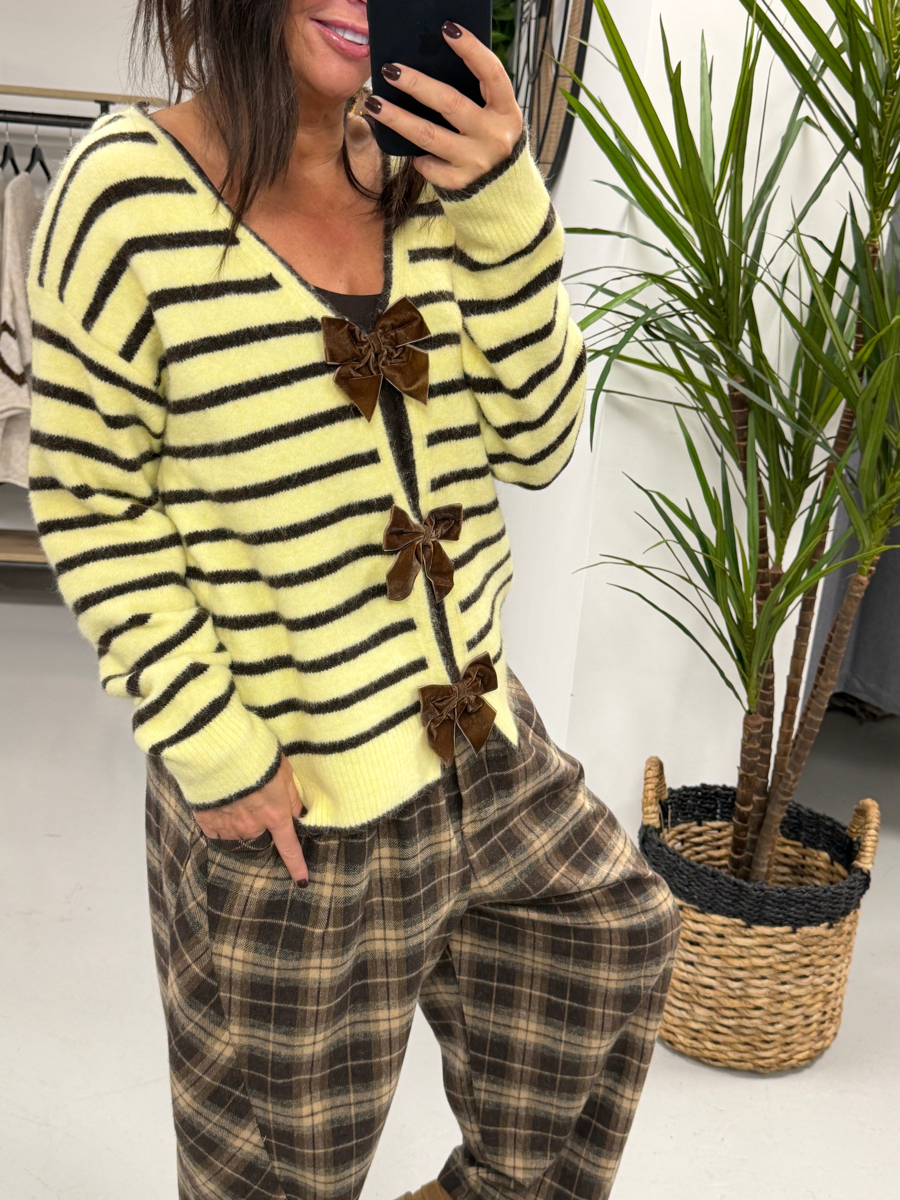 Premium Stripe Bow Knit  - Chocolate/Lemon