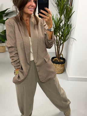 Ruched Sleeve Plaid Blazer - Taupe  (Std sizes)
